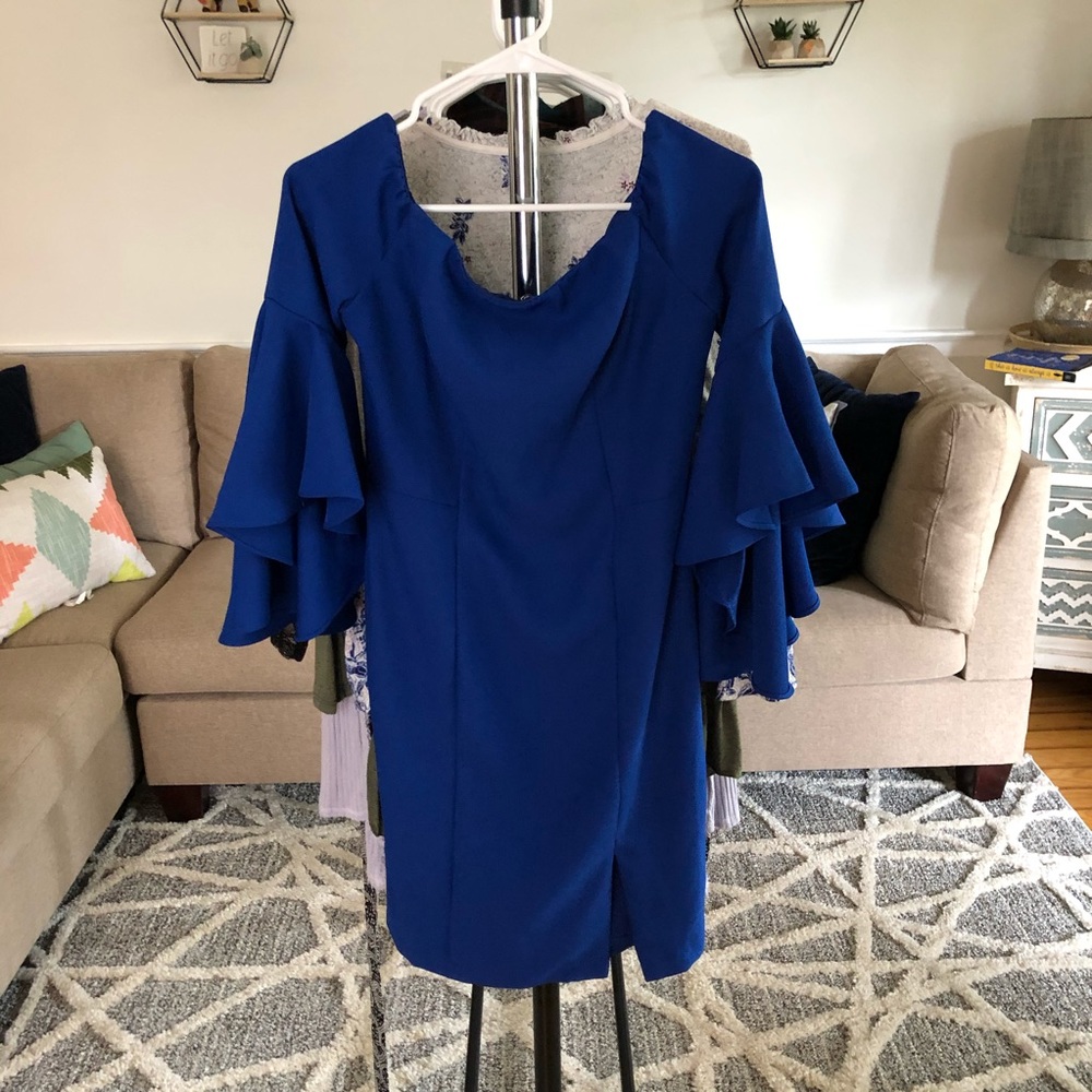 Venus Blue Off The Shoulder Ruffle Sleeve Dress - Picture 3 of 7